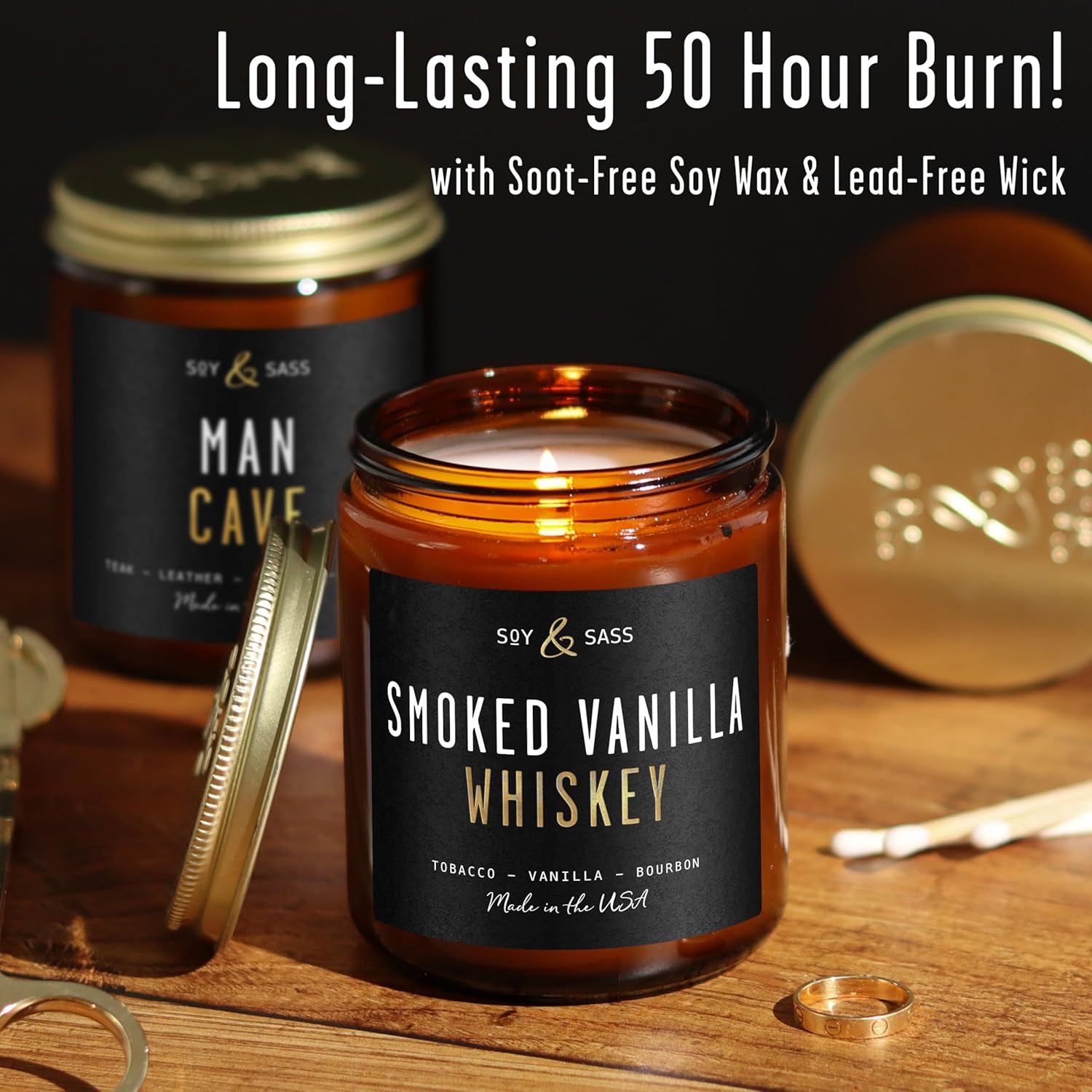 Smoked Vanilla Whiskey Candle - Scented Black Candles for Men or Women - Bourbon, Tobacco & Caramel Soy Wax Mens Candle - Infused w/Essential Oils | Long 50Hr Burn,9oz I Non Toxic I Made in USA