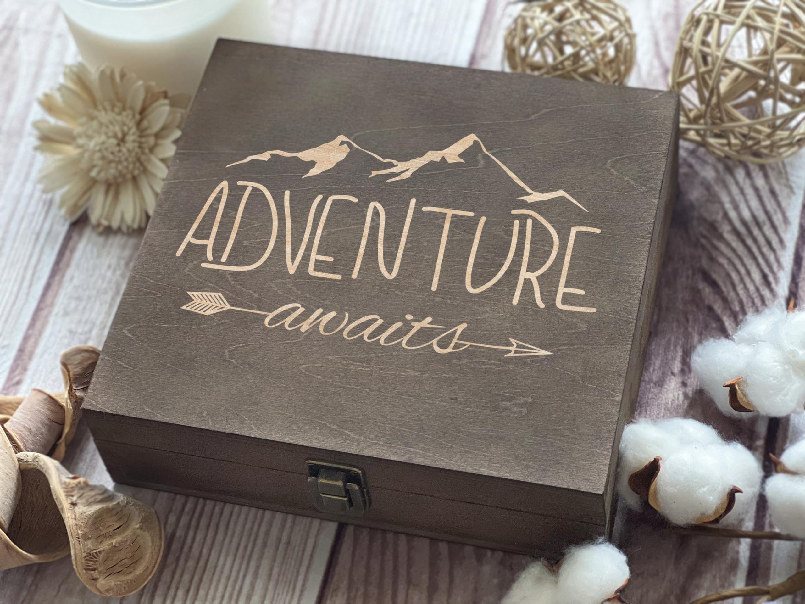 Dark Walnut Wooden Keepsake Box Our Adventures - 8.5x6x3in, Ideal for 5th Anniversary, Elegant Memory Box for Couples, Travel-Themed Storage