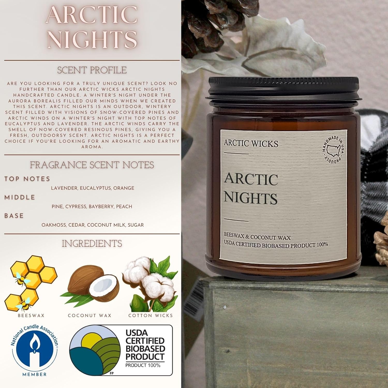 Vanilla Bourbon Candle | Arctic Wicks 9oz Coconut & Beeswax Candles | Scented Non-Toxic Candles for Fall, Winter, Holidays, Gifts For Him, Whiskey Bourbon, Vanilla Candle | USDA Certified Biobased
