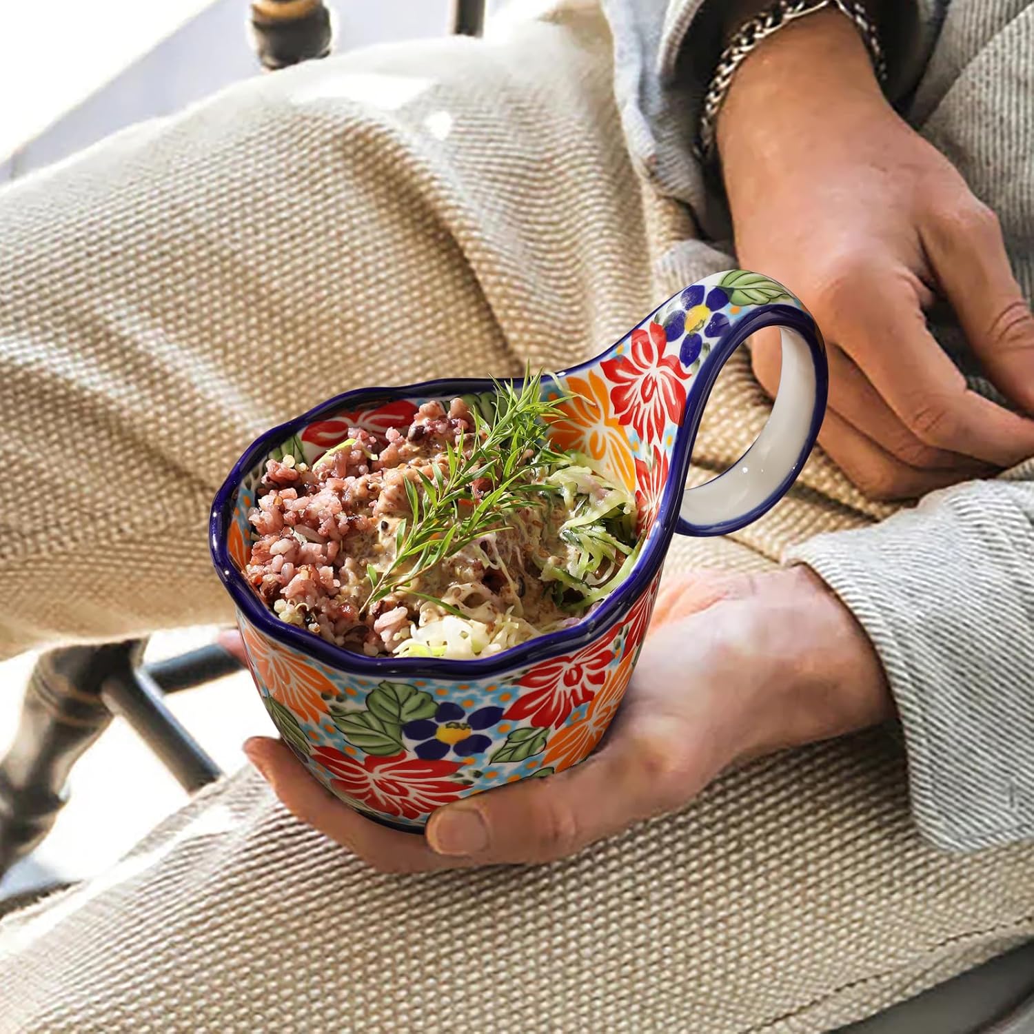 ALMA Handpainted Soup Bowl with Handle, 18.6oz Ceramic Cereal Bowl, Microwave &Dishwasher Safe,Loop Handle Bowl Great for Soup, Chili, Stew, Ice cream