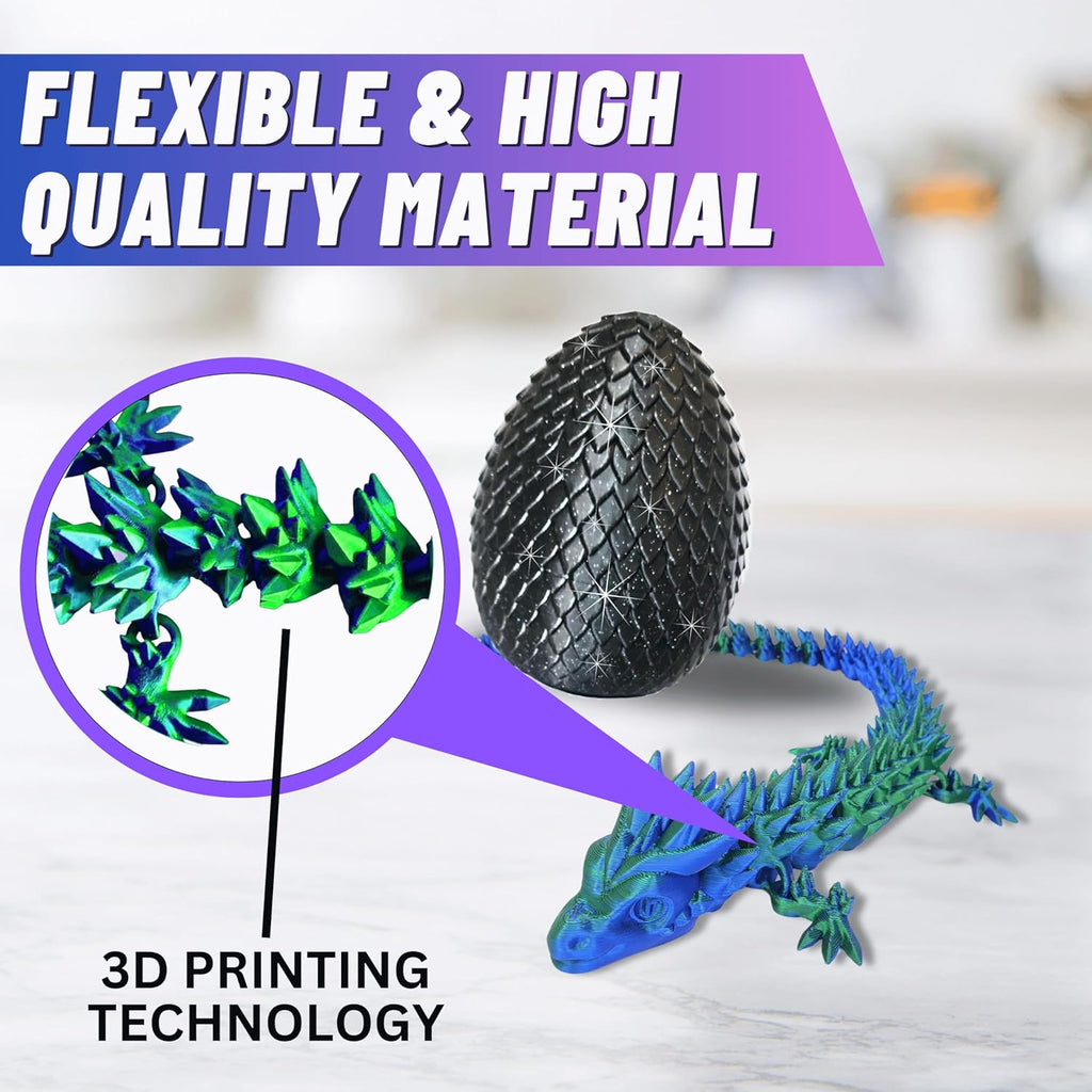 20" Articulated 3D Printed Dragon – Color-Changing Fidget Figurine, Mythical Figure, Made in USA, 3D Printed Toys - Valentines Day Gift for Boys and Girls (Rainbow with Blue Egg)