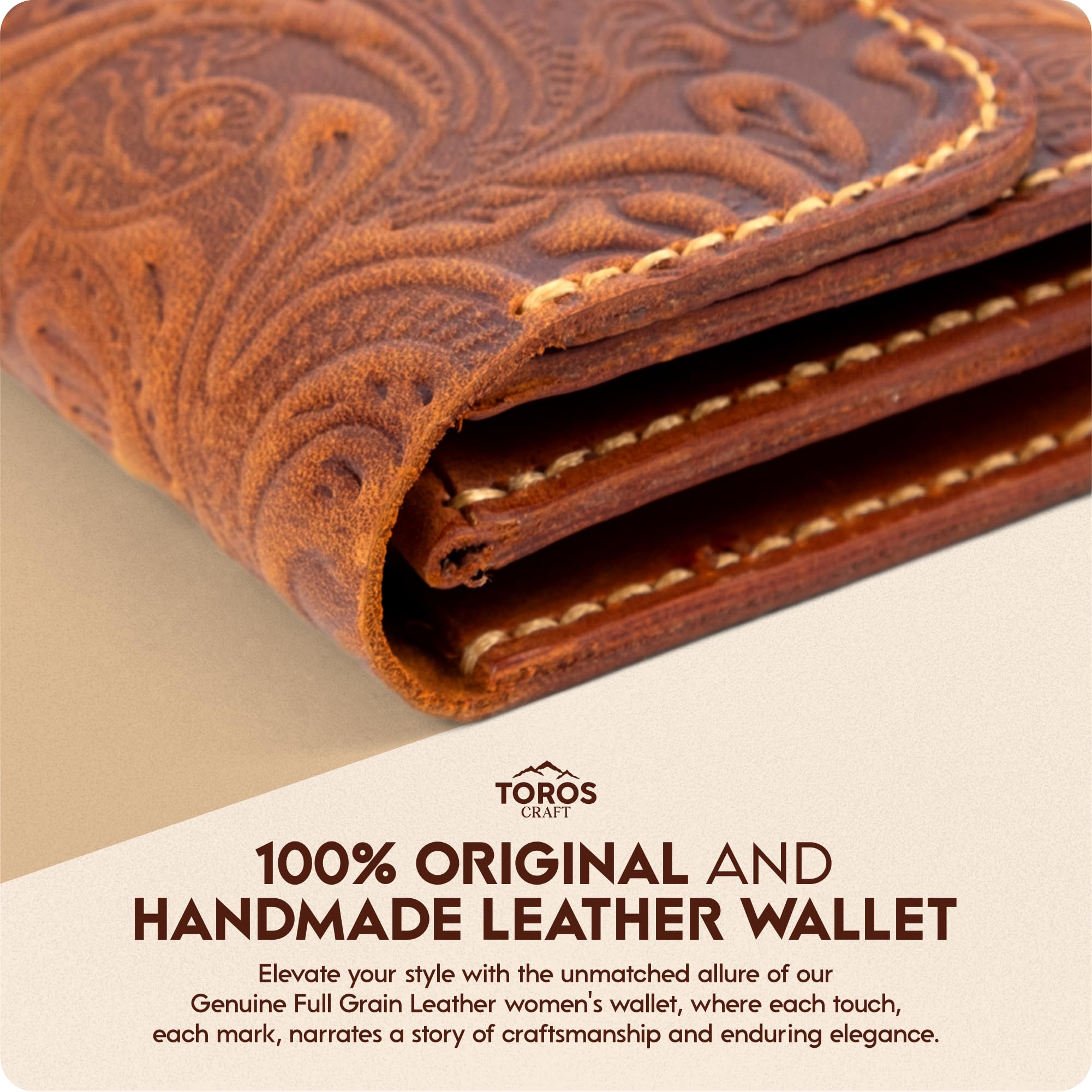 Toros Craft Handmade Wristlet Wallets for Women, Western Floral Leather Small Credit Card Holder with Zipper, Minimalist & Cute Coin Pouch, Genuine Leather, Dark Brown