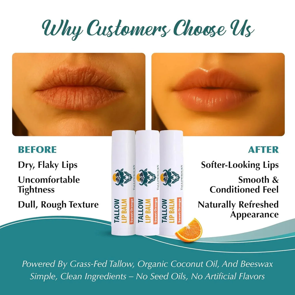 Moisturizing Tallow Lip Balm – Grass-Fed Beef Tallow with Organic Coconut Oil, Beeswax, and Vitamin E – Lip Balm Set – Variety Pack – Travel Essential – 3-Pack - Handmade Lifestyle Shop