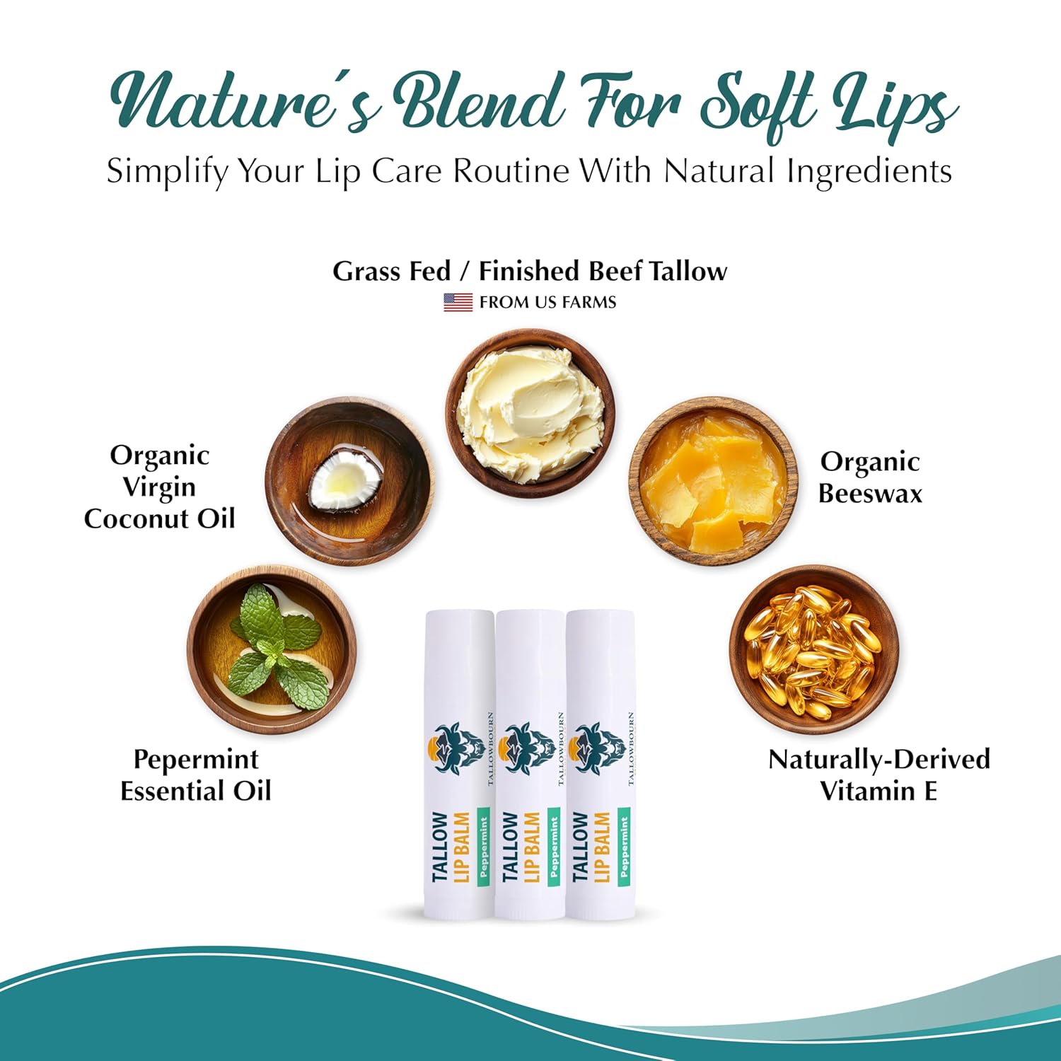 Moisturizing Tallow Lip Balm – Grass-Fed Beef Tallow with Organic Coconut Oil, Beeswax, and Vitamin E – Lip Balm Set – Variety Pack – Travel Essential – 3-Pack