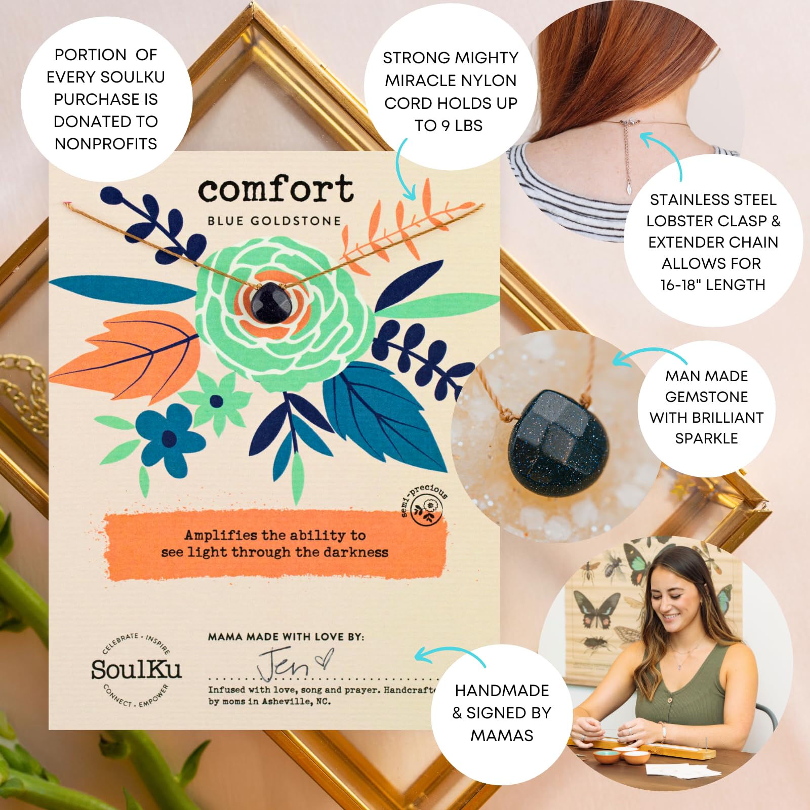 SoulKu Handcrafted Necklace, Empowerment Jewelry With Healing Crystal, Inspirational Jewelry For Women, Mom & Sister Gifts, 2" Extender With Lobster Clasp, 16" Nylon Cord