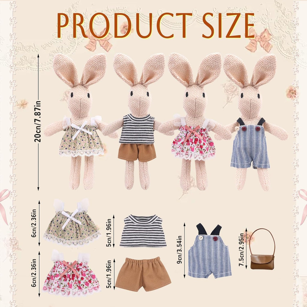 Handmade Rabbit Family Dolls Set of 4 with Removable Outfits & Bag, Realistic Dollhouse People Figures for Imaginative Play, Kids Room Decoration, Easter Bunny
