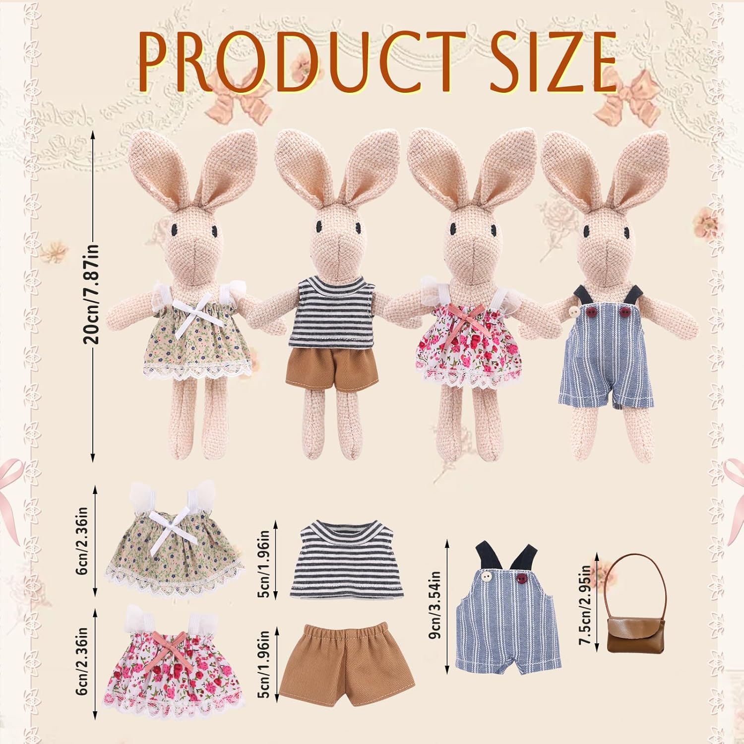 Handmade Rabbit Family Dolls Set of 4 with Removable Outfits & Bag, Realistic Dollhouse People Figures for Imaginative Play, Kids Room Decoration, Easter Bunny