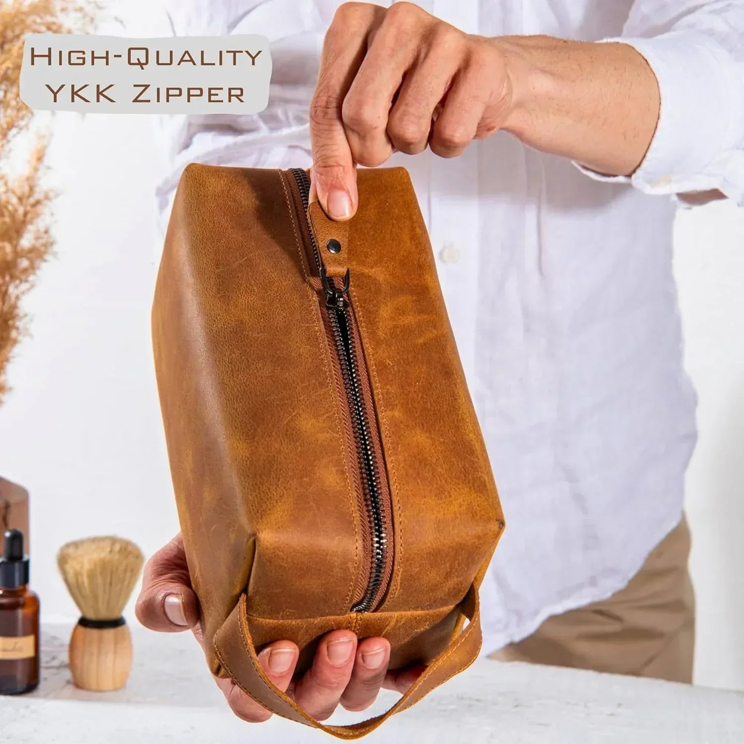 Personalized Leather Toiletry Bag for Men – Custom Shaving Dopp Kit with Name or Initial, Travel Gift for Groomsmen, Husband, Dad, Boyfriend, Birthday, Anniversary, Valentines Day Gifts for Men, Him - Handmade Lifestyle Shop