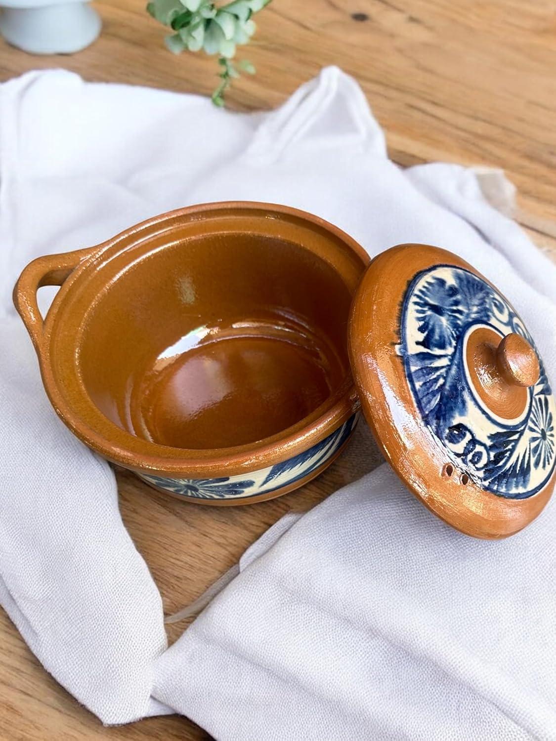Traditional Mexican Barro Bean and Chili Pot – Handcrafted Clay Pot, 10 Inches Wide, Stovetop & Oven Safe, with Blue Accents – Perfect for Cooking and Serving - Handmade Lifestyle Shop