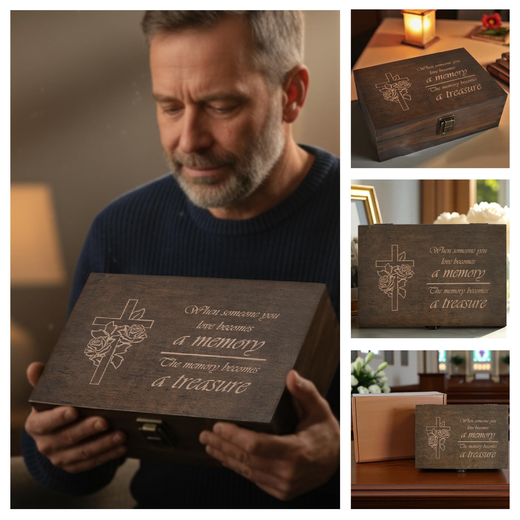 Engraved Memorial Memory Box – Wooden Keepsake Box for Loss of Loved One or Pet – Sympathy Gift – Medium Size – Dark Walnut Finish – 8.5 x 6 x 3 in
