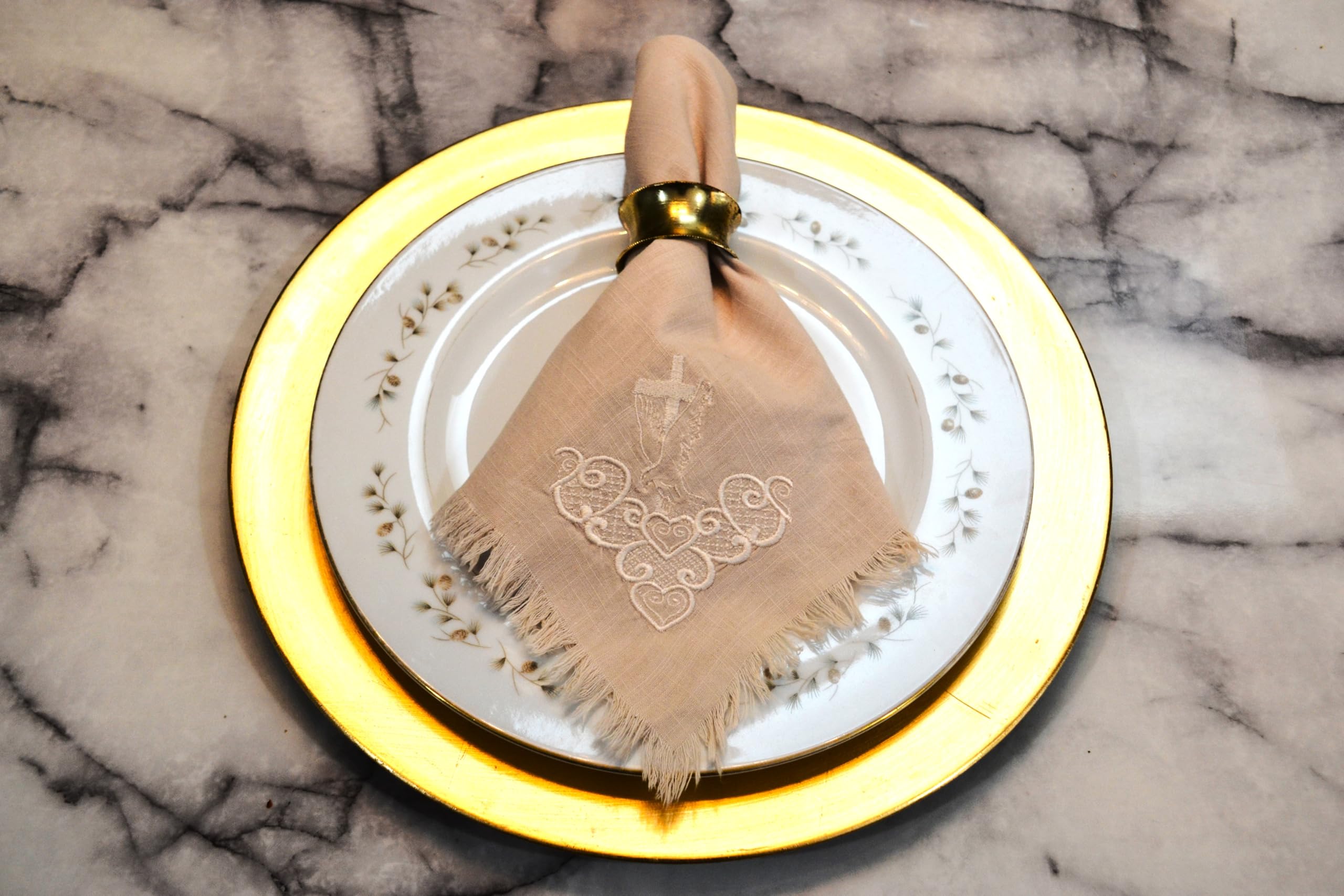 Cross with Dove Embroidered Linen Napkin (Natural)