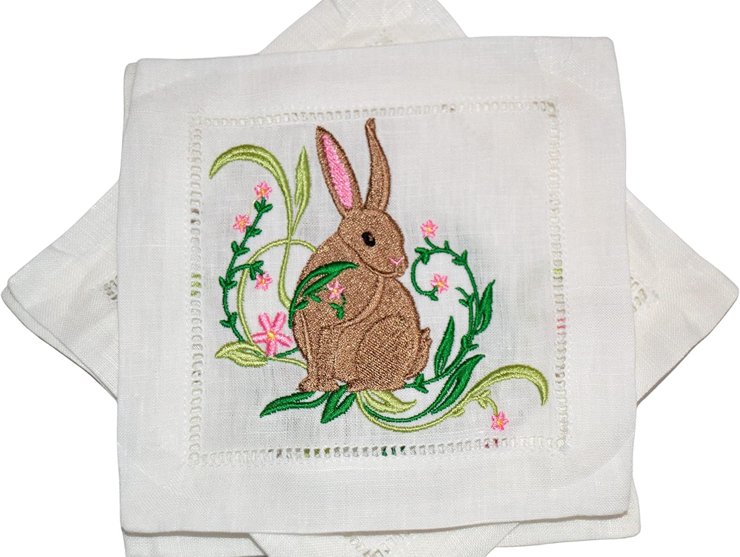 Spring Bunny Linen Beverage Napkins, Easter Bunny with Flowers embroidered Cocktail Napkin