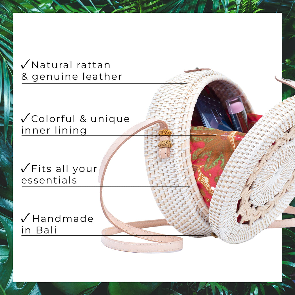 Novum Crafts Round Rattan Bag for Women - Handmade Straw Bags - Wicker Purse - Brown White Circle Crossbody Boho Bags