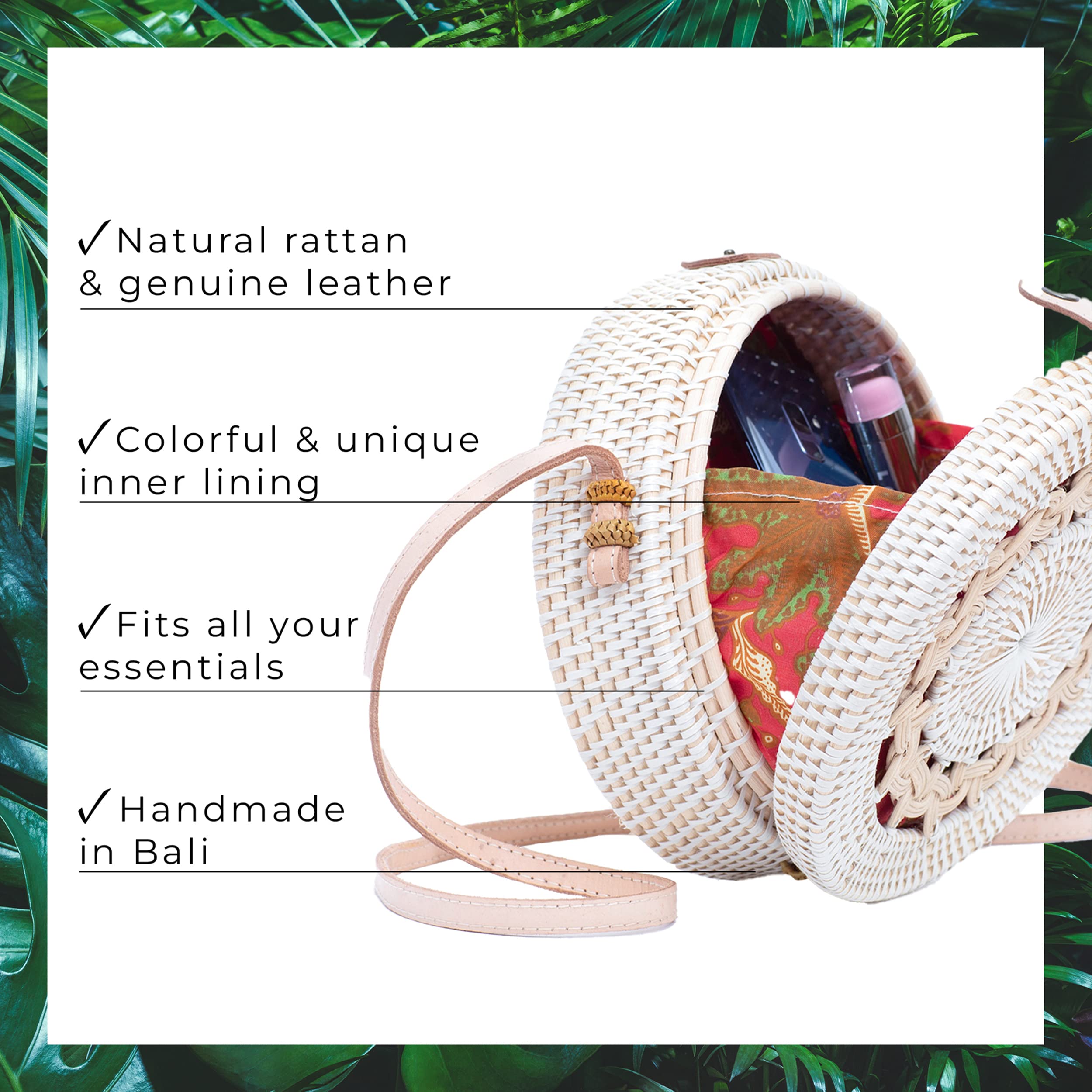 Novum Crafts Round Rattan Bag for Women - Handmade Straw Bags - Wicker Purse - Brown White Circle Crossbody Boho Bags