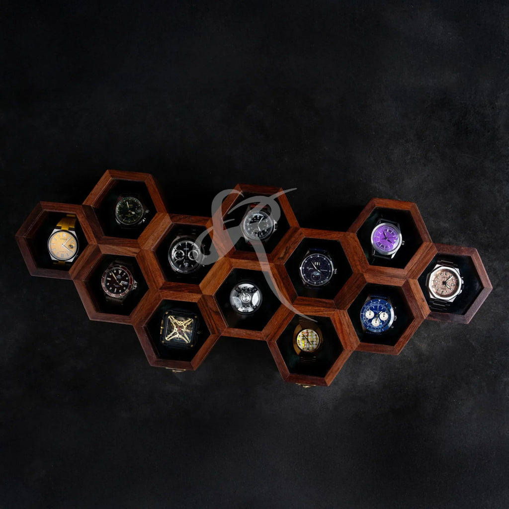 Premium 7-Slot Wooden Timepiece Display Case – Handcrafted Honeycomb Watch Box for Men in Superior Indian Rosewood | Hinged Glass Cover – Father’s Day Gift – Luxury Built to Last - Handmade Lifestyle Shop