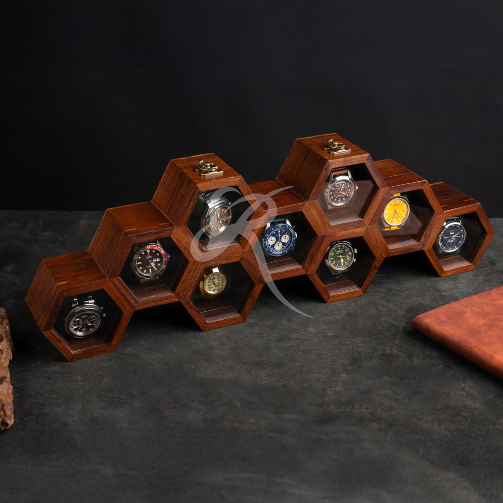 Premium 7-Slot Wooden Timepiece Display Case – Handcrafted Honeycomb Watch Box for Men in Superior Indian Rosewood | Hinged Glass Cover – Father’s Day Gift – Luxury Built to Last
