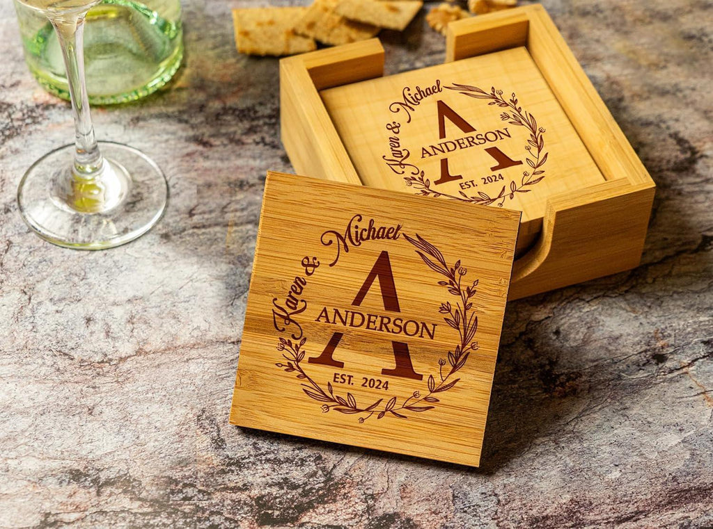 Silveroy Custom Coaster Set of 6 with Holder - Personalized Bamboo Bar Coasters for Anniversary, Wedding, Ideas to Couples, Newlyweds - Handmade Lifestyle Shop