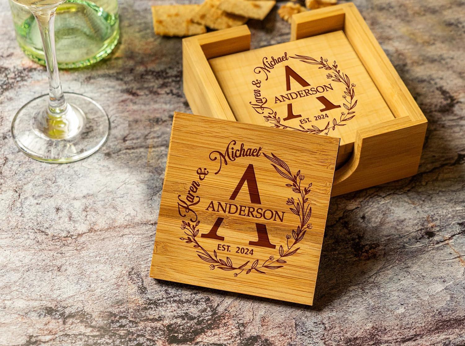 Silveroy Custom Coaster Set of 6 with Holder - Personalized Bamboo Bar Coasters for Anniversary, Wedding, Ideas to Couples, Newlyweds - Handmade Lifestyle Shop