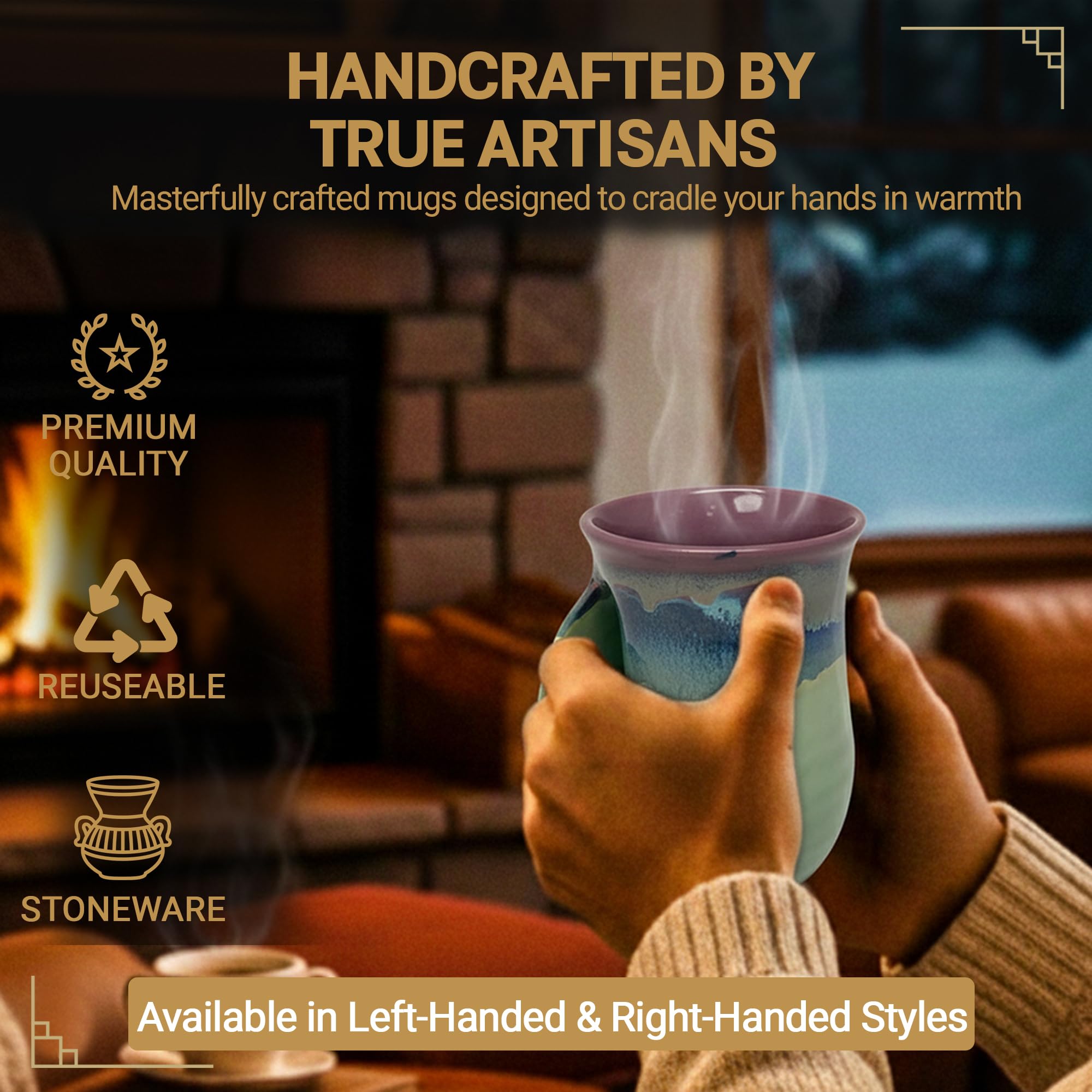 Clay in Motion Hand Warmer Coffee Mug – Handmade Coffee Mug With Comfortable Handle Contoured Pocket Hand Warming Ceramic Coffee Mug – Proudly Made in USA – Right Handed – 14 Oz - Island Oasis