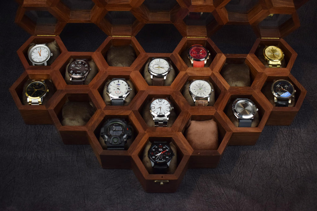 Premium 7-Slot Wooden Timepiece Display Case – Handcrafted Honeycomb Watch Box for Men in Superior Indian Rosewood | Hinged Glass Cover – Father’s Day Gift – Luxury Built to Last