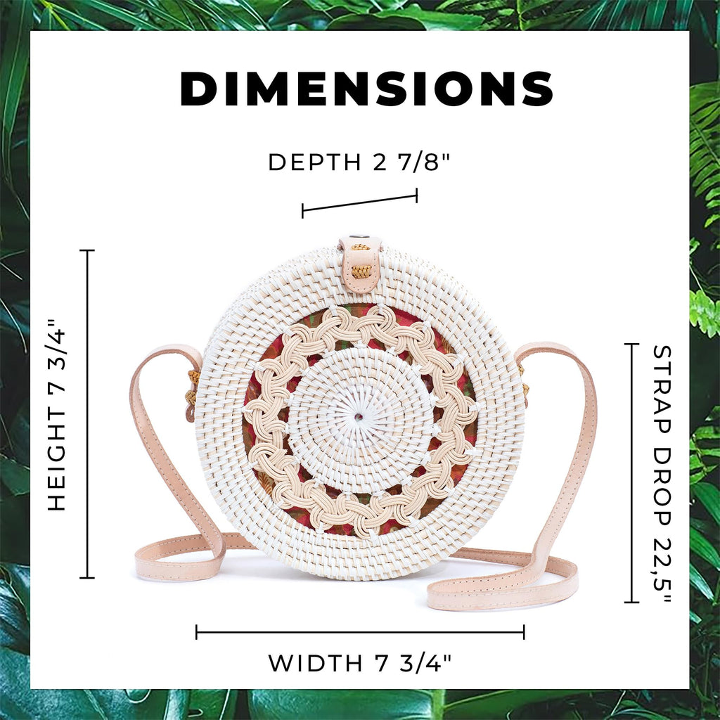 Novum Crafts Round Rattan Bag for Women - Handmade Straw Bags - Wicker Purse - Brown White Circle Crossbody Boho Bags