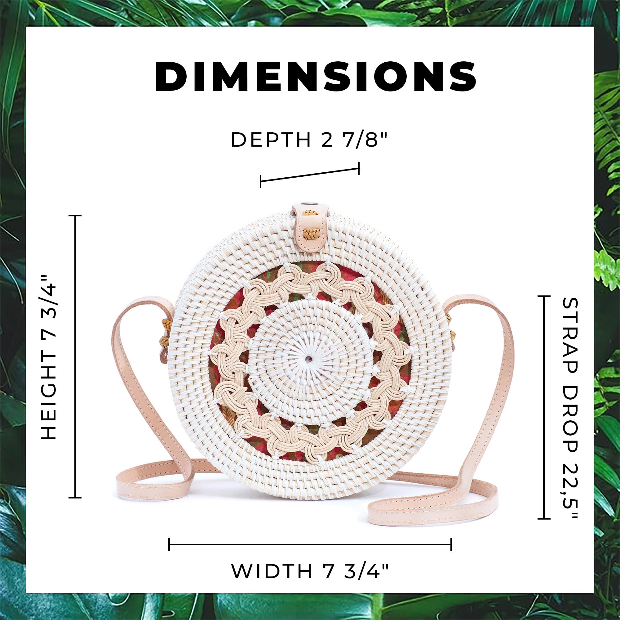 Novum Crafts Round Rattan Bag for Women - Handmade Straw Bags - Wicker Purse - Brown White Circle Crossbody Boho Bags