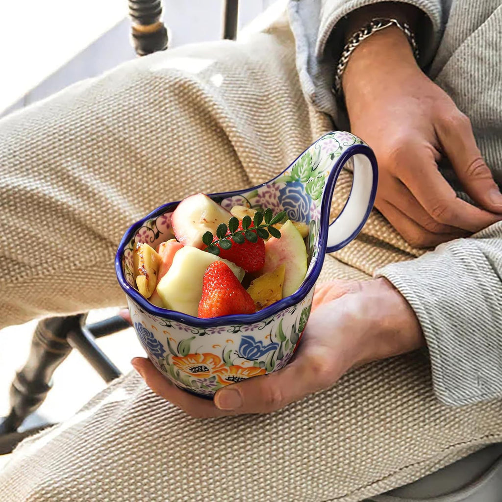 ALMA Handpainted Soup Bowl with Handle, 18.6oz Ceramic Cereal Bowl, Microwave &Dishwasher Safe,Loop Handle Bowl Great for Soup, Chili, Stew, Ice cream