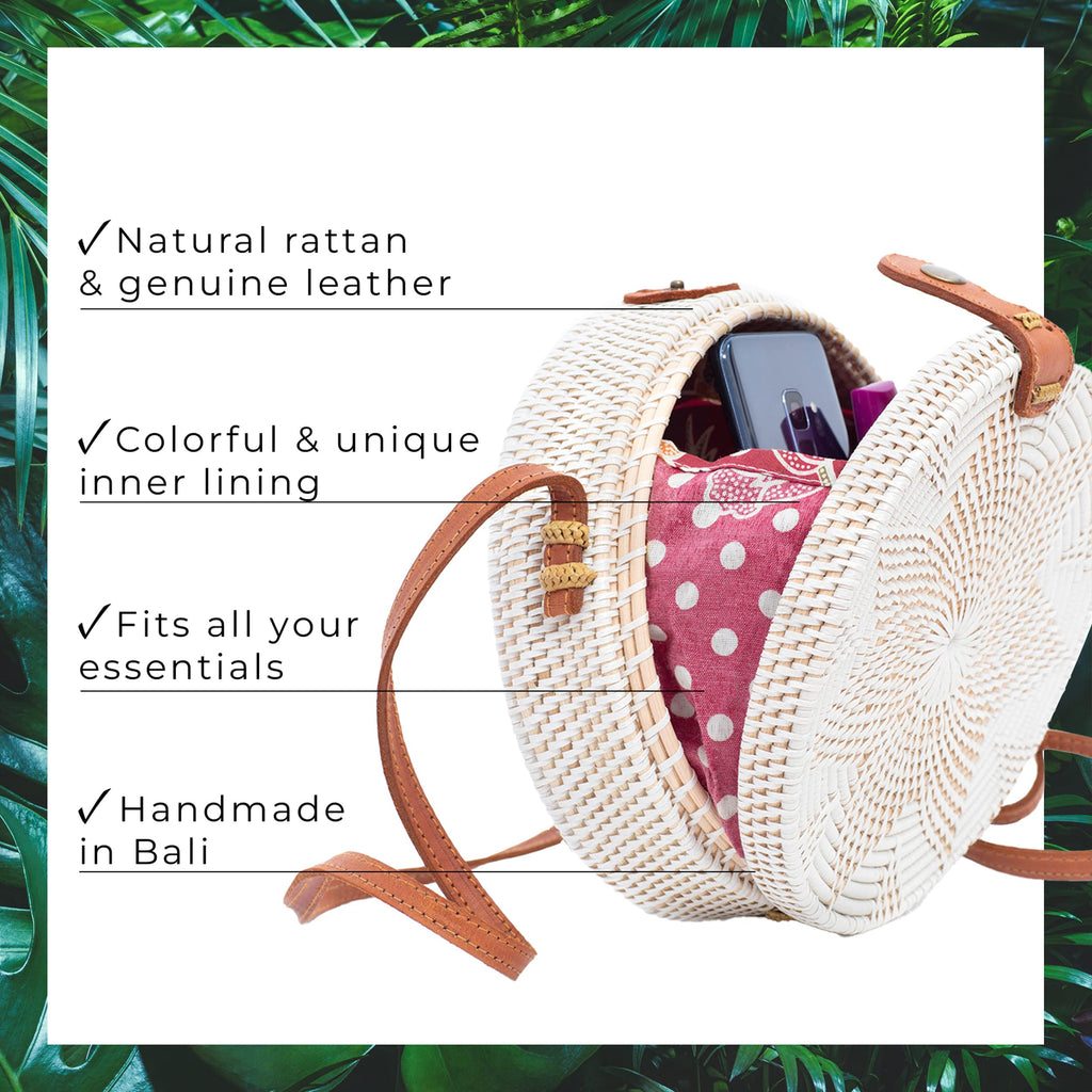 Novum Crafts Round Rattan Bag for Women - Handmade Straw Bags - Wicker Purse - Brown White Circle Crossbody Boho Bags