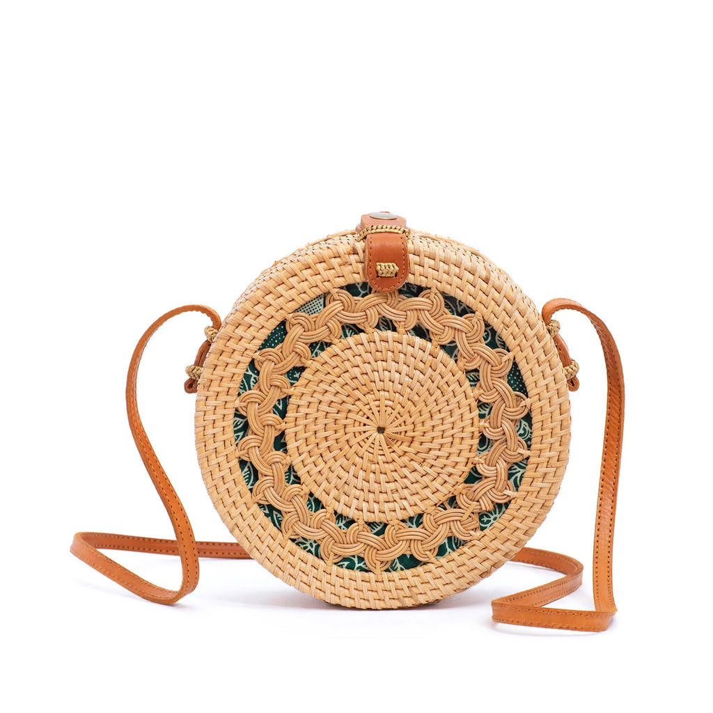 Novum Crafts Round Rattan Bag for Women - Handmade Straw Bags - Wicker Purse - Brown White Circle Crossbody Boho Bags - Handmade Lifestyle Shop
