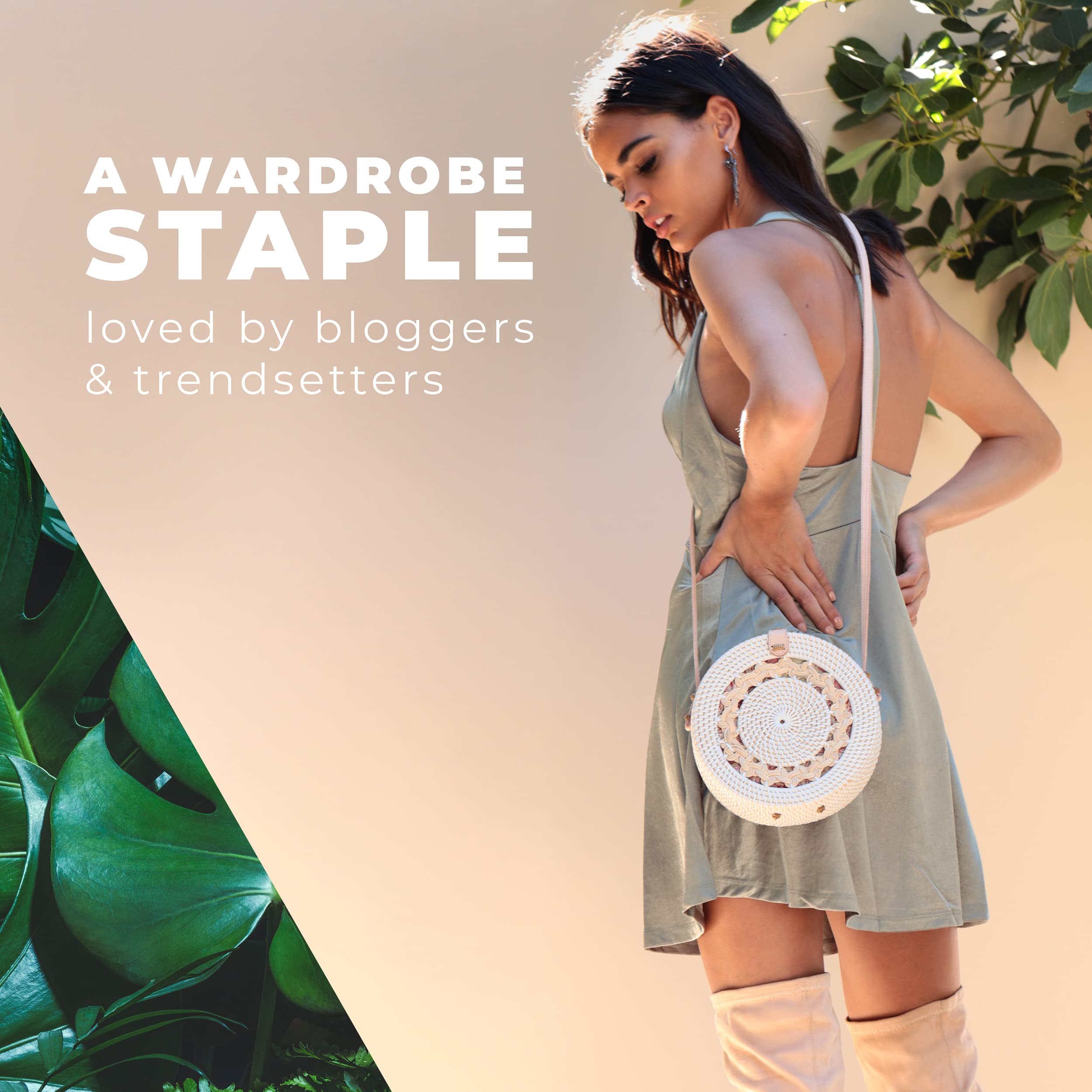 Novum Crafts Round Rattan Bag for Women - Handmade Straw Bags - Wicker Purse - Brown White Circle Crossbody Boho Bags