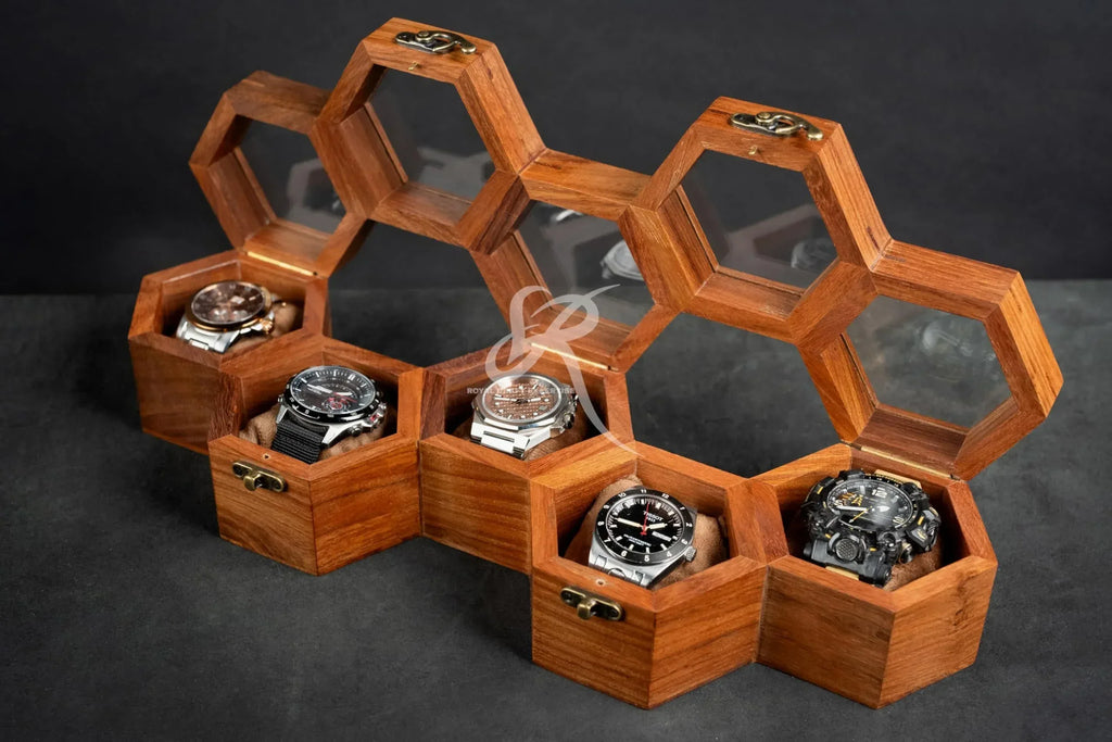 Premium 7-Slot Wooden Timepiece Display Case – Handcrafted Honeycomb Watch Box for Men in Superior Indian Rosewood | Hinged Glass Cover – Father’s Day Gift – Luxury Built to Last - Handmade Lifestyle Shop