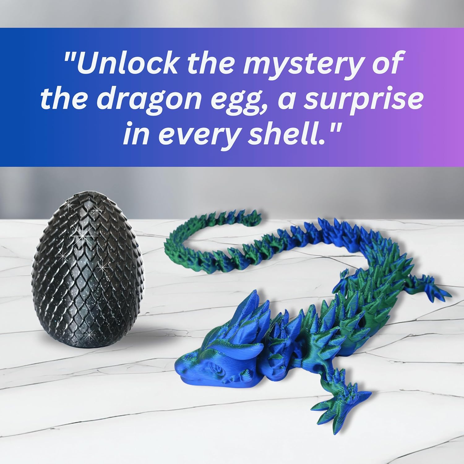 20" Articulated 3D Printed Dragon – Color-Changing Fidget Figurine, Mythical Figure, Made in USA, 3D Printed Toys - Valentines Day Gift for Boys and Girls (Rainbow with Blue Egg)
