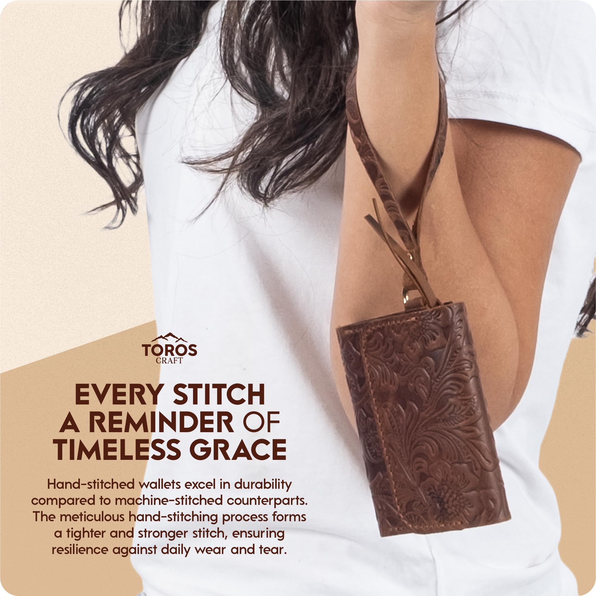 Toros Craft Handmade Wristlet Wallets for Women, Western Floral Leather Small Credit Card Holder with Zipper, Minimalist & Cute Coin Pouch, Genuine Leather, Dark Brown