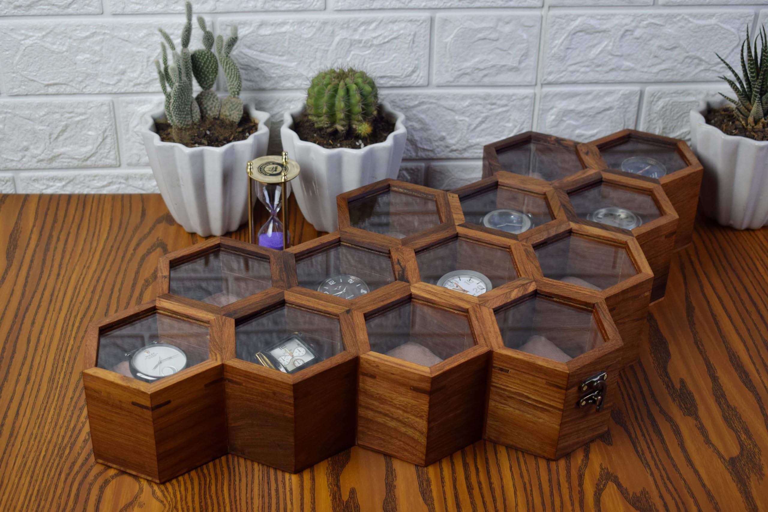 Premium 7-Slot Wooden Timepiece Display Case – Handcrafted Honeycomb Watch Box for Men in Superior Indian Rosewood | Hinged Glass Cover – Father’s Day Gift – Luxury Built to Last