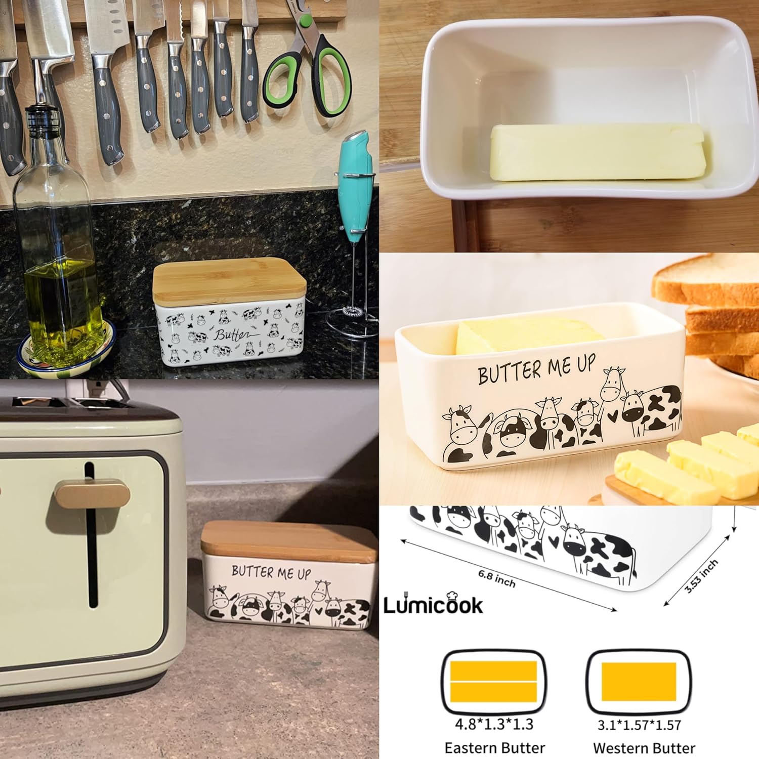 Butter Dish with Lid, Butter Dish with Lid for Countertop, White Butter Keeper Holds Up to 2 Sticks - Butter Holder and Container (Black butter me up, Large)