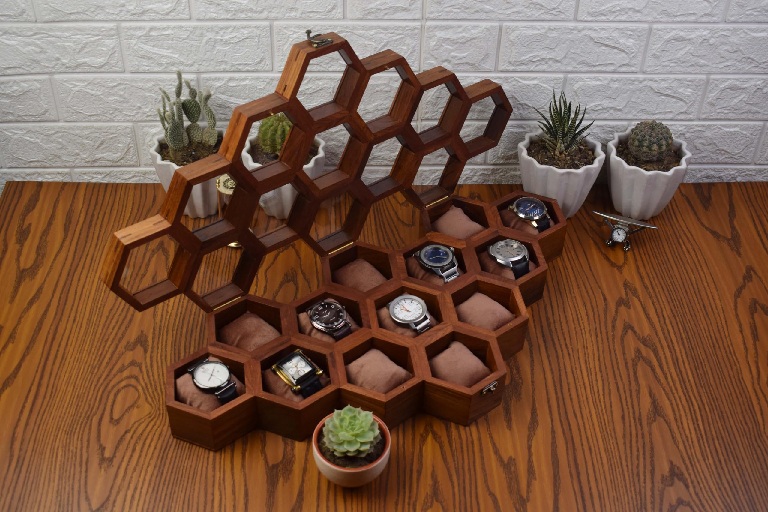 Premium 7-Slot Wooden Timepiece Display Case – Handcrafted Honeycomb Watch Box for Men in Superior Indian Rosewood | Hinged Glass Cover – Father’s Day Gift – Luxury Built to Last