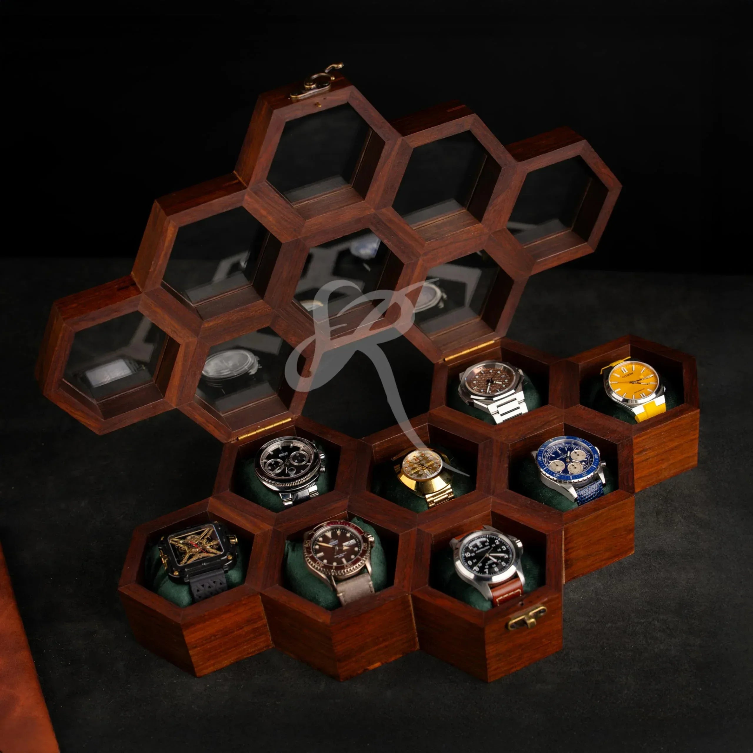 Premium 7-Slot Wooden Timepiece Display Case – Handcrafted Honeycomb Watch Box for Men in Superior Indian Rosewood | Hinged Glass Cover – Father’s Day Gift – Luxury Built to Last - Handmade Lifestyle Shop
