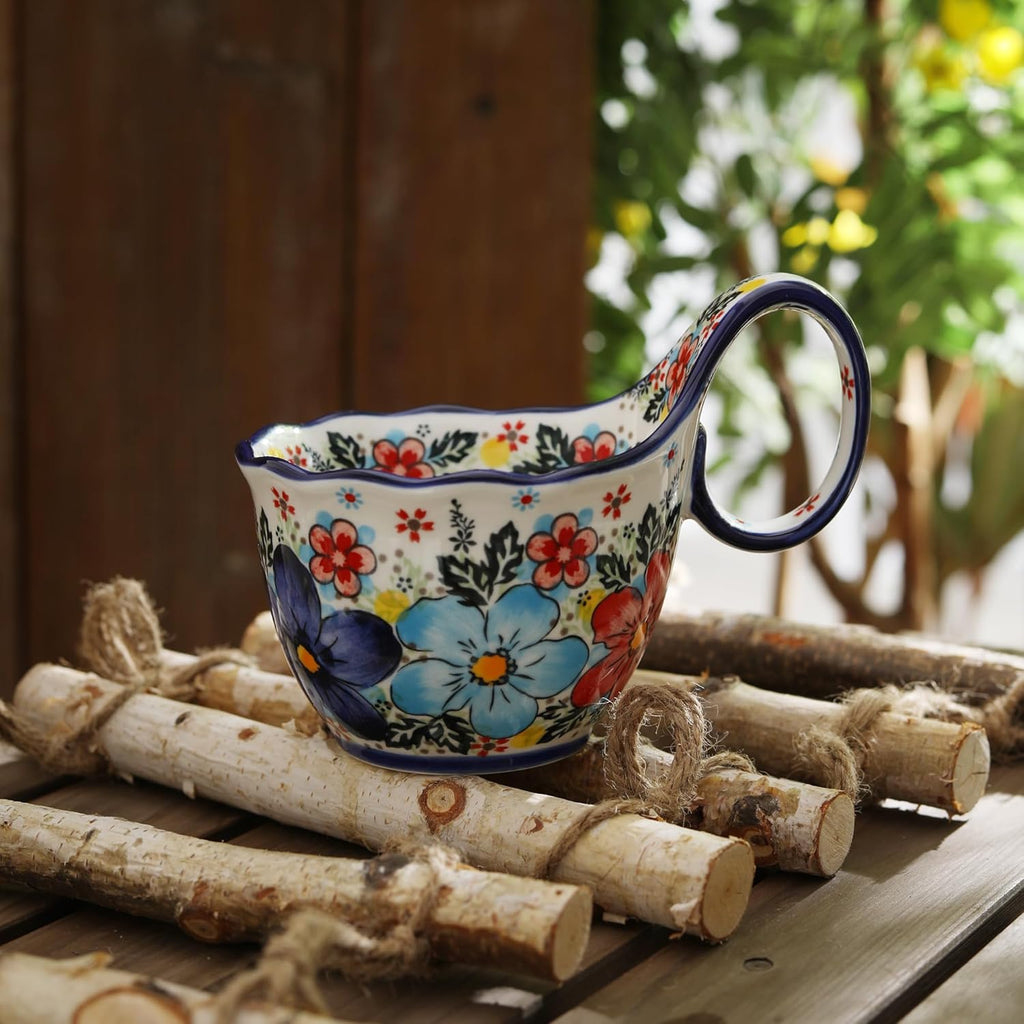 ALMA Handpainted Soup Bowl with Handle, 18.6oz Ceramic Cereal Bowl, Microwave &Dishwasher Safe,Loop Handle Bowl Great for Soup, Chili, Stew, Ice cream