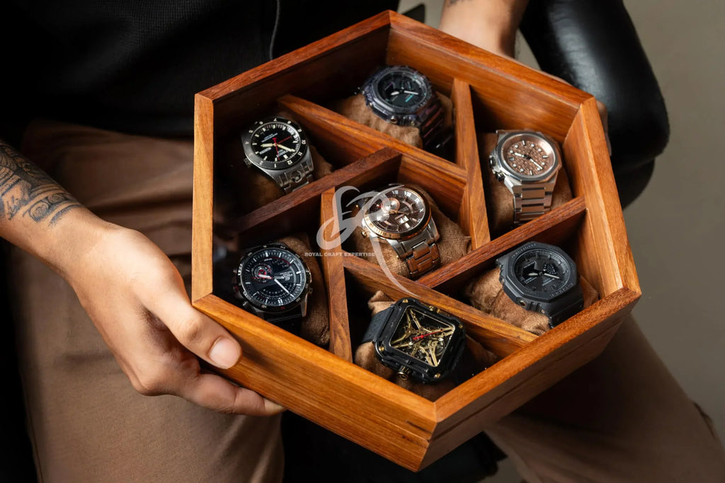 Premium 7-Slot Wooden Timepiece Display Case – Handcrafted Honeycomb Watch Box for Men in Superior Indian Rosewood | Hinged Glass Cover – Father’s Day Gift – Luxury Built to Last - Handmade Lifestyle Shop