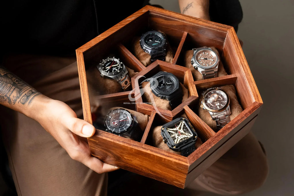 Premium 7-Slot Wooden Timepiece Display Case – Handcrafted Honeycomb Watch Box for Men in Superior Indian Rosewood | Hinged Glass Cover – Father’s Day Gift – Luxury Built to Last - Handmade Lifestyle Shop