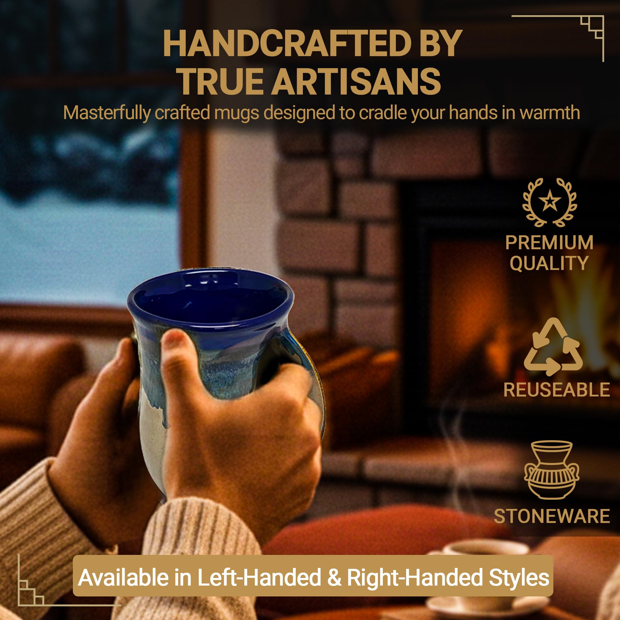Clay in Motion Hand Warmer Coffee Mug – Handmade Coffee Mug With Comfortable Handle Contoured Pocket Hand Warming Ceramic Coffee Mug – Proudly Made in USA – Right Handed – 14 Oz - Island Oasis