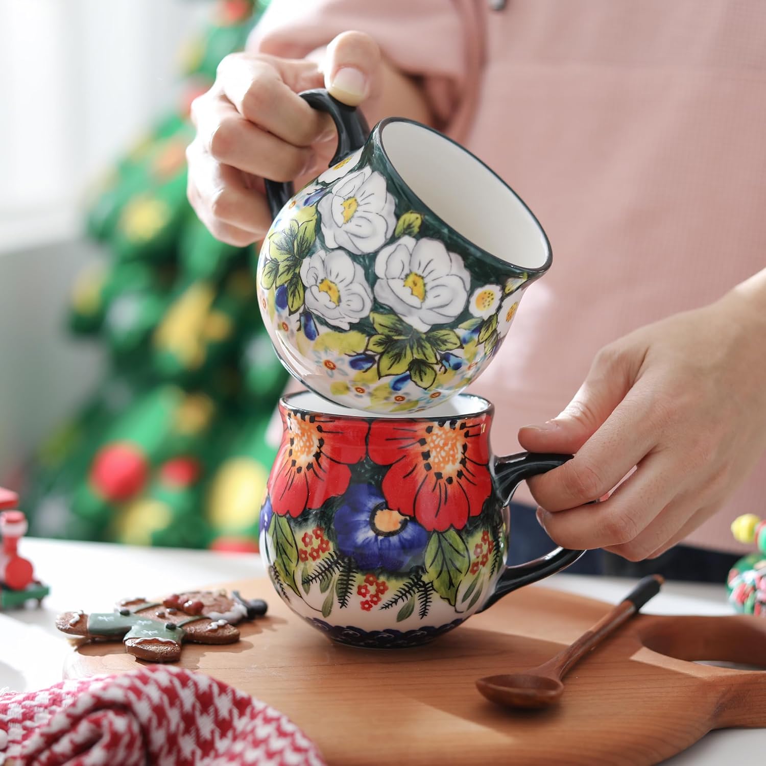 ALMA 12oz Handpainted Microwave Safe Coffee Mug, Unique Ceramic Tea Mug For Girl Friend,Mother, Woman(Assorted Flowers,Medium)