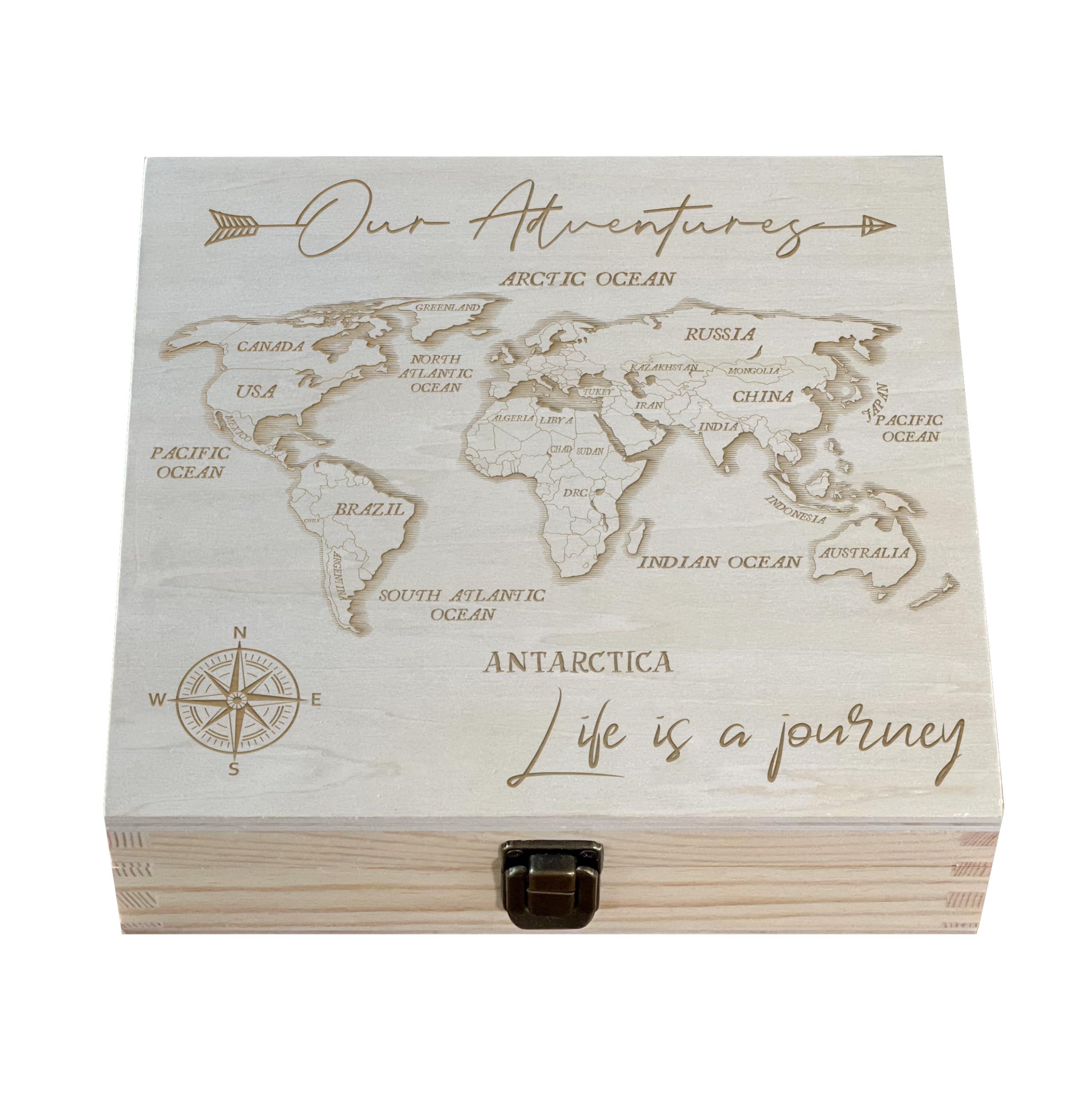 Dark Walnut Wooden Keepsake Box Our Adventures - 8.5x6x3in, Ideal for 5th Anniversary, Elegant Memory Box for Couples, Travel-Themed Storage