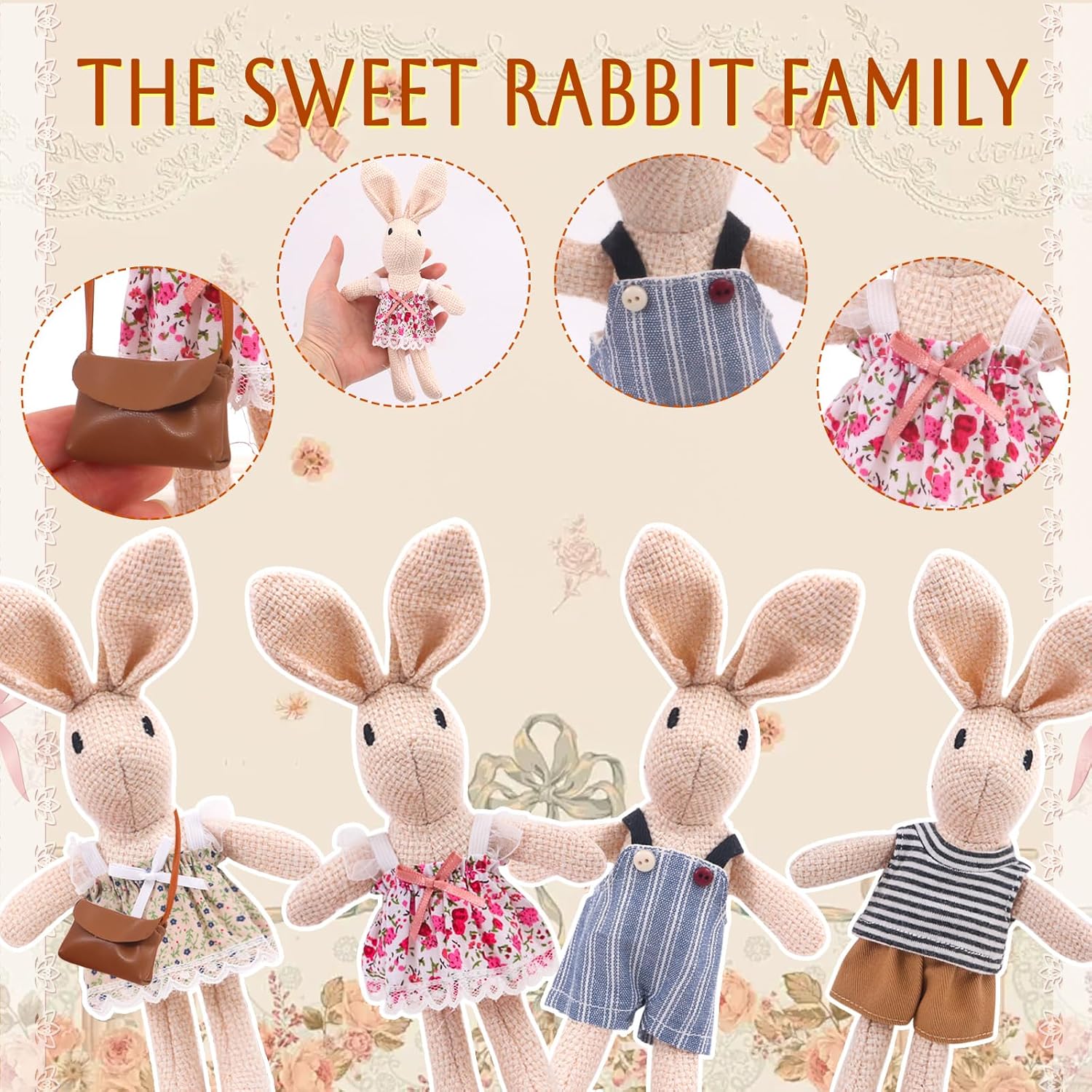 Handmade Rabbit Family Dolls Set of 4 with Removable Outfits & Bag, Realistic Dollhouse People Figures for Imaginative Play, Kids Room Decoration, Easter Bunny