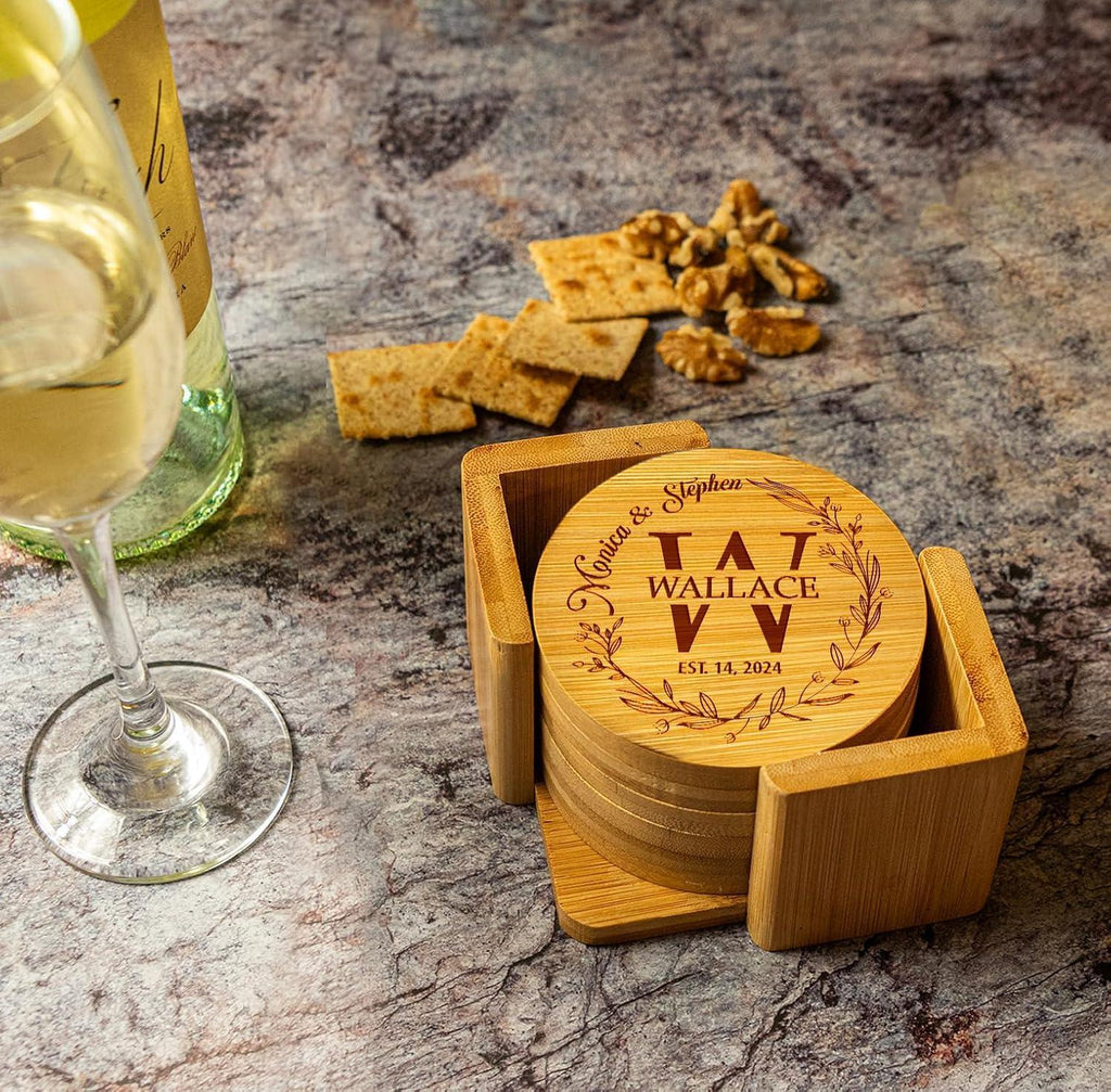 Silveroy Custom Coaster Set of 6 with Holder - Personalized Bamboo Bar Coasters for Anniversary, Wedding, Ideas to Couples, Newlyweds - Handmade Lifestyle Shop