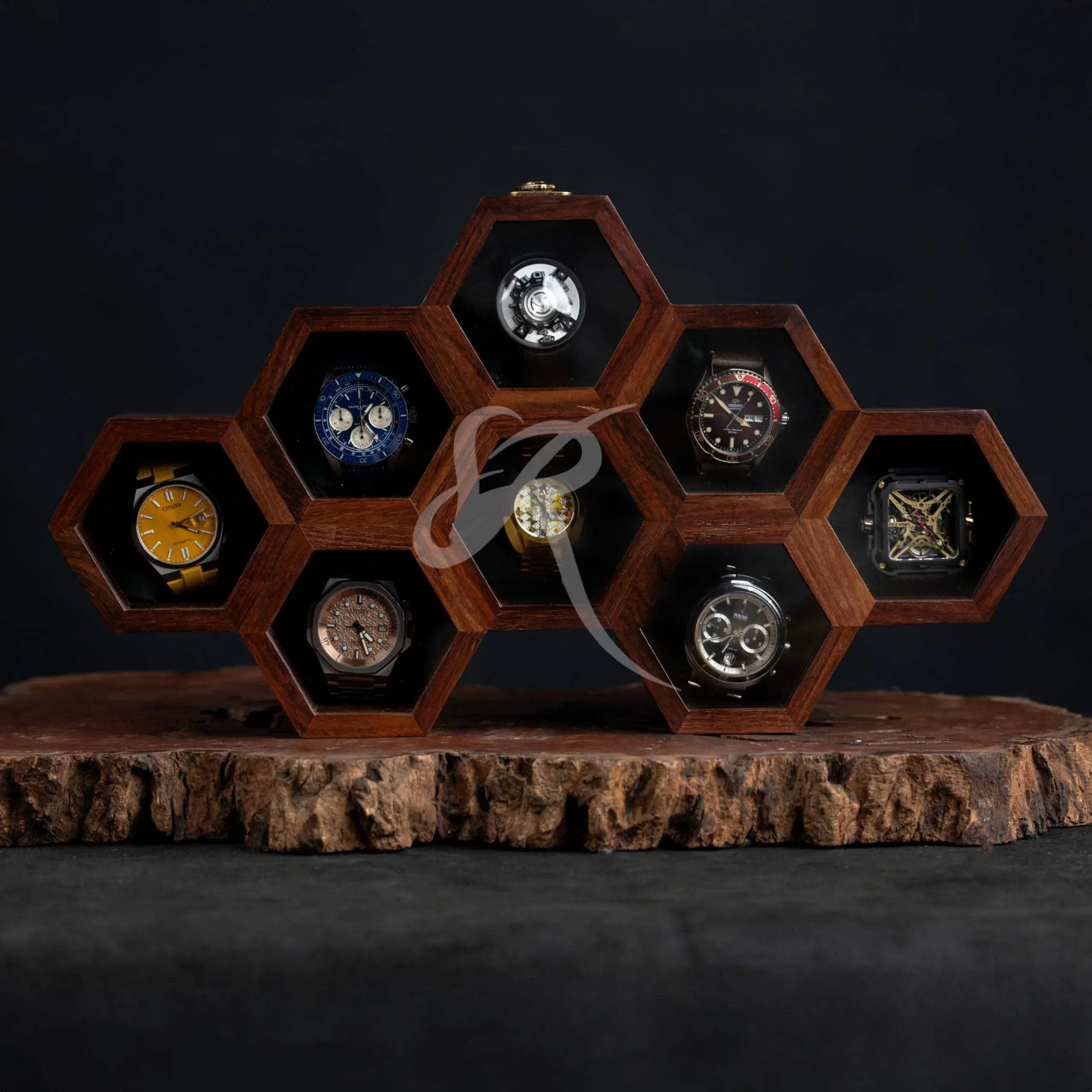 Premium 7-Slot Wooden Timepiece Display Case – Handcrafted Honeycomb Watch Box for Men in Superior Indian Rosewood | Hinged Glass Cover – Father’s Day Gift – Luxury Built to Last - Handmade Lifestyle Shop