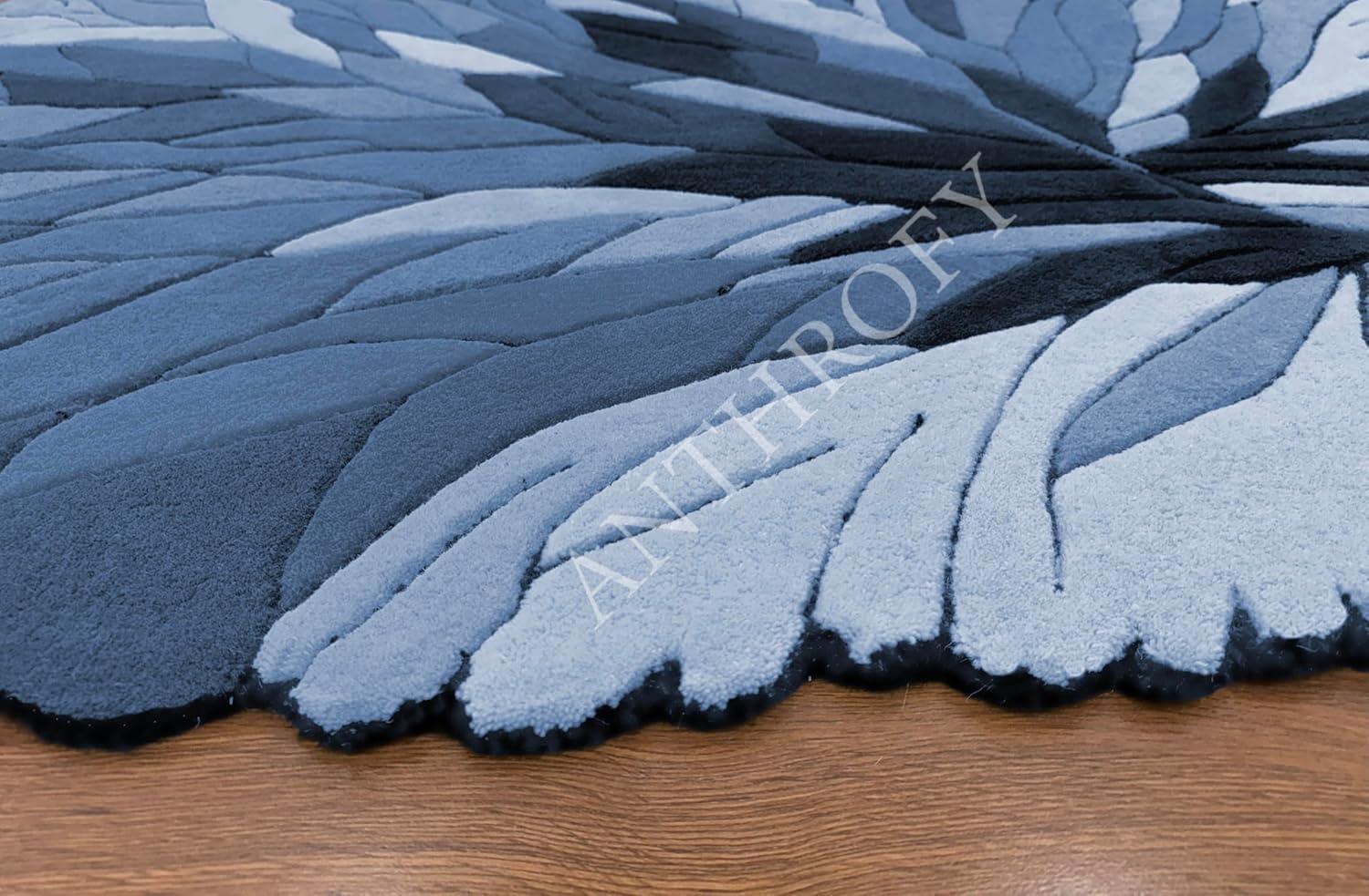 Irregular Shape Wool Area Rug – 3’ x 5' – Blue Color Handmade Unique Contemporary Botanical Design – Thick & Soft Rugs for Living Room, Bedroom - Handmade Lifestyle Shop