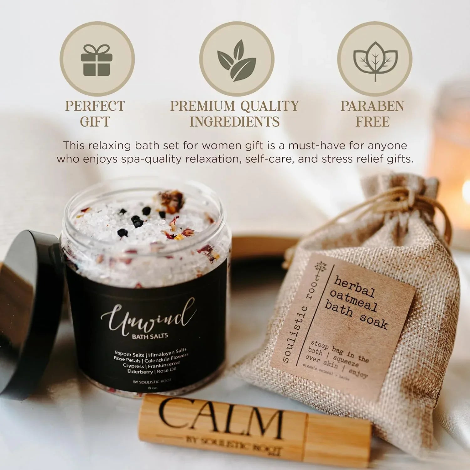 SOULISTIC ROOT Revitalizing Bath Gift - Premium Self-Care Bath & Body Set with Lavender Oatmeal Soak, Tranquil Essential Oil Roller, Epsom Salt Soak, Home Spa Kit, Valentine's Day Ready-to-Gift Box - Handmade Lifestyle Shop