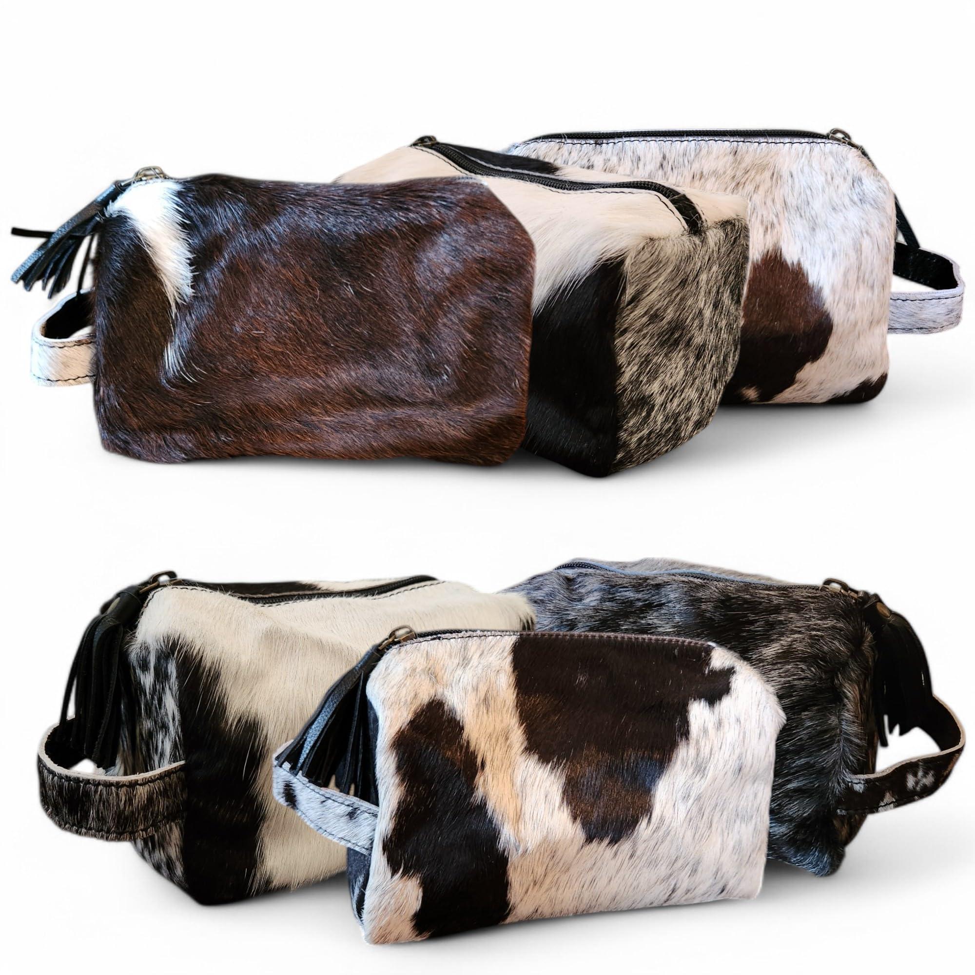 Ranch Junkie Mercantile Genuine Cowhide Handcrafted Cosmetic Pouch Highlands Cowhide Makeup Bag (Caramel Cowhide Mix) - Handmade Lifestyle Shop