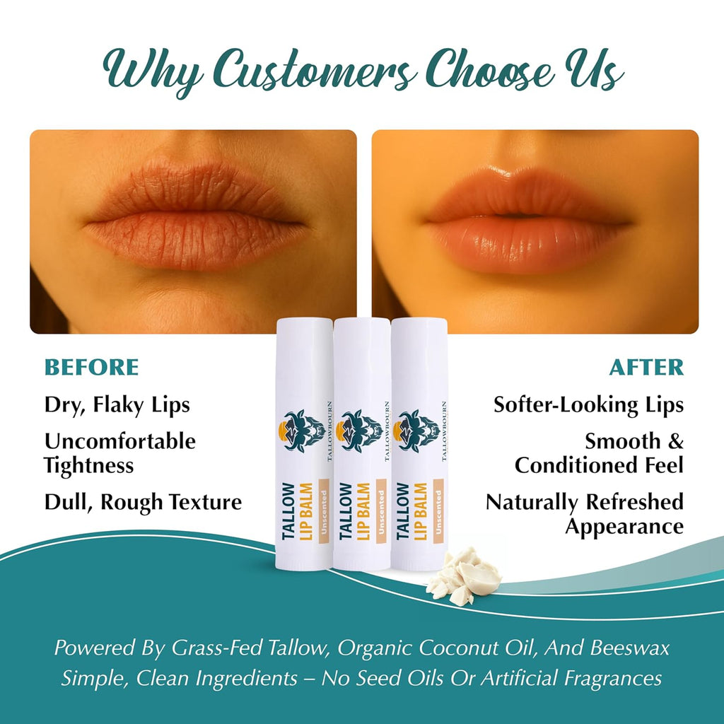 Moisturizing Tallow Lip Balm – Grass-Fed Beef Tallow with Organic Coconut Oil, Beeswax, and Vitamin E – Lip Balm Set – Variety Pack – Travel Essential – 3-Pack